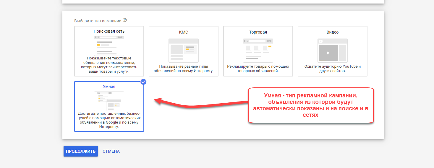 Скриншот: Типы кампаний Google Реклам